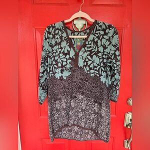 JOHNNY WAS Brown And Muted Blue Silk Tunic Shirt